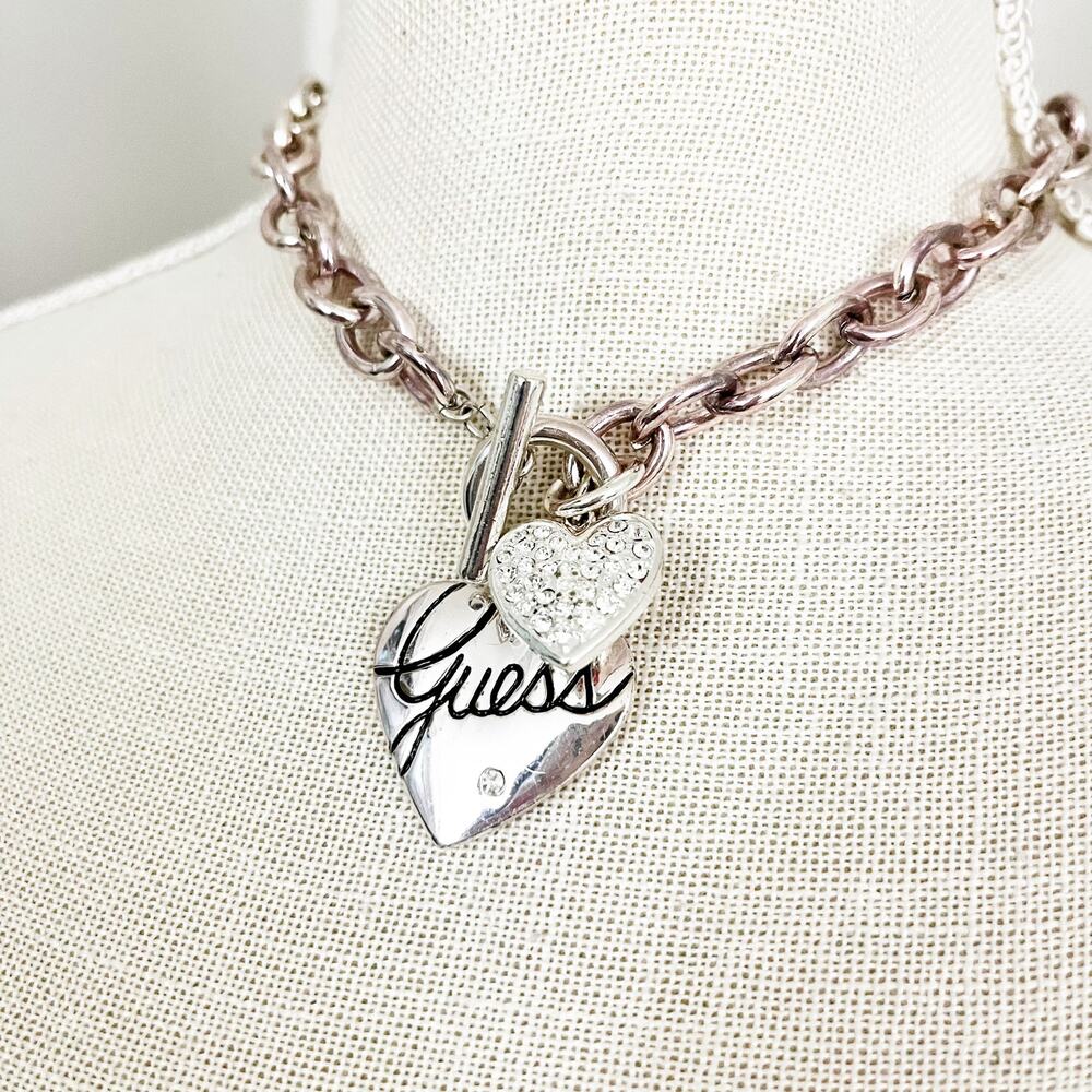 Guess Y2K Vintage Silver Heart Charm Necklace